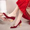 Jinbukang Xiuhe Sapatos de Noiva Primavera e Outono Novos Sapatos de Noiva de Salto Grosso Vermelho Vinho para Brinde e Banquete Feminino Vestido de Noiva de Salto Alto