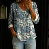 Nova camisa feminina de manga comprida com botões e gola V estampada transfronteiriça, elegante e estilosa para o trabalho, top casual único e moderno