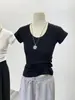 Camiseta Base de Verano Ajustada Adelgazante Coreana de Nicho Básica de Manga Corta con Cuello en U para Mujer
