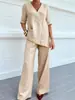 Moda Europea y Americana Transfronteriza 2026 Algodón y Lino Color Sólido Elegante Casual Conjunto de Dos Piezas para Mujer