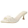 Zapatillas de media punta estilo francés plateadas finas con pedrería brillante, zapatillas elegantes de tacón de punta, sandalias de tacón alto, talla grande 41-43