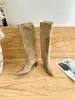 Botas longas de salto alto fino com bico fino para mulheres, botas longas acima do joelho, botas justas em retalhos, botas altas 2026
