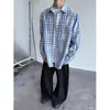Camisa Plaid Azul Americana Juvenil para Hombres y Mujeres en Verano Holgada para Pareja Diseño de Camisa de Color Contrastante Chaqueta Protectora del Sol