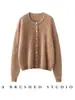 Cardigan elegante, resistente, escovado, bordado à mão, de cor sólida, com mangas compridas, novo estilo outono/inverno, suéter de malha 100% caxemira, blusa feminina de gola redonda