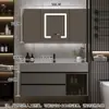 Juego de Gabinete de Baño de Madera Maciza Integrado con Roca, Lavabo Minimalista Moderno, Espejo de Lavabo, Lavabo de Tocador de Baño