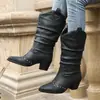 Botas Femininas Ocidentais de Salto Grosso Quadradas com Tachas, Franzidas, Versáteis, Estilo Novo Retrô, para Outono e Inverno