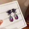Aretes de aguja plateada con diamantes, diseño de flor ovalada de resina y gota de agua, estilo retro vintage, aretes versátiles
