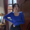 Estilo Transfronterizo Otoño Nueva Moda Camiseta Básica de Mujer para Mujer con Elegante Color Sólido Cuello Cuadrado Suéter Ajustado de Manga Larga