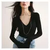 Camiseta básica de punto con cuello polo a rayas blancas vintage de principios de otoño para mujer, con un diseño elegante, top holgado y bonito de manga larga