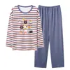 Novo conjunto de pijama feminino: algodão puro, listrado, design fofo de desenho animado, mangas compridas, calças compridas, gola redonda, estilo pulôver, conjunto de loungewear feminino