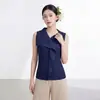 Venta directa de fábrica: Chal sin mangas de solapa asimétrica estilo Miyake, un top sin mangas plisado liso único y elegante