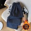Calças femininas de cintura alta e emagrecimento com forro de lã 150 casual com cordão e drapeado xadrez com padrão azul outono e inverno