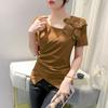2024 Verano Nueva Moda Camiseta Irregular Diseño para Mujer Top Occidental Ajustado Manga Corta Camiseta Trendy