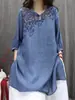 Top Pulóver de Algodón Lino Manga Corta Cuello Redondo Primavera Verano Nuevo Longitud Media Holgado Bordado Artístico Retro Camiseta para Mujer