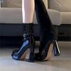 Botines de Tacón de Gamuza, Botines Cortos, Plataforma Negra Impermeable Delgada y Alta, Tacón Grueso, Cuadrado Pequeño de Otoño e Invierno 2024 Versión Coreana