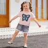2026 Verão Novo Conjunto para Meninas Cor Sólida Borboleta Roupas de Verão Infantis Jeans Manga Curta 0-6 Anos 1 Conjunto de Duas Peças Moderno