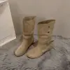 Botas de Mezclilla Cinturón de Cuero Retro Tacón Grueso Nuevo Gamuza Hebilla de Moda Moda para Mujer Primavera Otoño Occidental Versátil Botas 2026