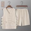 Traje de Verano Holgado Transpirable Fino Chaqueta Tang Chaleco Shorts Hebilla Retro Chaqueta Mandarín Sudadera de Titular Viejo para Hombre