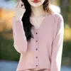 Nuevo cárdigan de punto de algodón puro con cuello en V para otoño e invierno para mujer, suéter holgado de talla grande, ropa de mujer, top de manga larga de alta gama