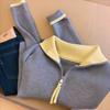 Chaqueta Suéter de Punto Cardigan de Color Contrastante con Solapa y Doble Cremallera Estilo Coreano para Mujer 2025 Otoño e Invierno Nuevo Estilo Holgado de Alta Gama Tendencia