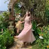 Vestido Largo Sexy de Verano con Ribete de Encaje y Tirantes Empalmados para Adelgazar la Cintura para Mujeres en Rosa