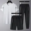 24 Verano Nuevo Traje de Tres Piezas para Hombre Cuello Redondo Secado Rápido Casual Deportivo Fitness Transpirable Manga Corta + Shorts + Pantalones