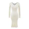 Vestido de Punto Primavera y Otoño Mujer 2025 Nuevo Ceñidor de Cintura Elegante Delgado Suéter Cuello V Falda de Cadera Falda Larga de Cola de Pez