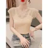 Camiseta de Tricô Patchwork com Renda de Manga Curta para Mulheres, Top de Verão Puro Desejo Sexy com Decote V e Manga Flare, Único e Bonito com um Toque de Luxo