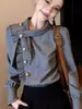 Camisa xadrez com laço, moderna e estilosa, para mulheres, novo estilo para o início do outono, única, casual, modelagem solta, emagrecedora, de manga longa, para usar em camadas