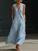 Vestido Longo de Algodão e Linho com Botões, Gola V, Estilo Preguiçoso, Estilo Europeu e Americano, Atravessando Fronteiras, TikTok, Primavera e Verão, Sem Mangas