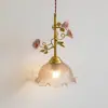 Lámpara Colgante de Mesita de Noche Estilo Francés Pastoral, Vintage Entrada de Estudio Flor de Rosa Ambiente Barra de Vidrio Lámpara Colgante Pequeña