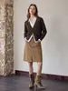 Falda Lápiz Retro de Pana Color Café Estilo Old Money para Mujer, Ropa de Trabajo de Otoño, Color Sólido, Abertura Delantera, Falda Midi Línea A, Exclusivamente para Ventas Transfronterizas
