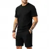 Traje Masculino Simples Tendência Transfronteiriço Solto Jacquard Pesado Textura de Padrão Quadrado em Toalha Gola Redonda Manga Curta Atacado Masculino