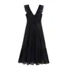Atacado Primavera 2025 Novo Estilo Europeu e Americano Vestido Elegante Feminino com Decote V e Mangas Curtas com Babados 8819