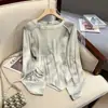 Camiseta Tie-Dye Manga Longa Solta Emagrecedora para Mulheres, Design Irregular, Nova Tendência Estilo Coreano Primavera e Outono 2025 Top com Cordão
