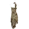 Vestido Retrô Europeu e Americano Estilo Y2K Spice Girl Estampa de Leopardo Feminino Alça no Pescoço Costas Abertas Design Irregular Vestido Slip