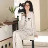 Pijama feminino de algodão puro confortável e respirável para o outono, manga longa, calça longa, cardigã, pode ser usado fora de casa, conjunto de roupa de casa doce e moderno