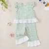 Conjunto para Niñas Cuadros Rosas y Blancos Corbata de Lazo Top de Mangas Volantes Pantalones Acampanados con Adorno de Encaje Dulce Conjunto de Dos Piezas para Bebés