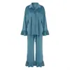 Conjunto de Pijama Longo Verde Quente de Veludo Coreano com Babados e Mangas Longas para o Inverno de 2026, Roupa de Casa Estilo Europeu e Americano
