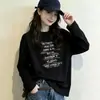 Camiseta de Manga Larga de Algodón Puro con Estampado de Letras Estilo Coreano para Mujer 2026 Primavera Otoño Negra Cuello Redondo Holgada Versátil Adelgazante Top ins
