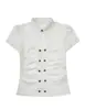 Camisa Blanca de Solapa Hueca Doble Botonadura Estilo Deseo Puro con Cintura Plisada, Mangas Cortas Abullonadas, Corte Ajustado, Estilo Corto, Camiseta Base Adelgazante