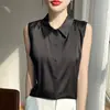 Camisa de satén sin mangas con cuello polo, estilo nuevo de verano para mujer, holgada y versátil, top de acetato para usar como prenda exterior o como capa base, al por mayor
