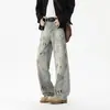 Jeans de Mezclilla con Manchas Estilo Retro Americano y Rasguños de Gato para Hombre, Lavables para Primavera y Otoño, Pantalones Rectos Holgados de Moda