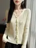 Cardigan de Tricô Ruffle com Decote V Novo Outono 2026 Transfronteiriço, Suéter Fino Canelado, Camisa Básica Curta Slim Fit
