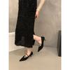Zapatos Planos Rojos de Ante con Tacón de Gato Estilo Francés para Mujer 2025 Primavera y Otoño Tacones Altos Elegantes de Punta Negra para Dama
