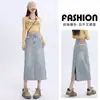 Saia Jeans Feminina Primavera e Outono Nova Cintura Alta Fenda Linha A Cobrindo o Quadril Emagrecedora Comprimento Médio Quadril Saia Jeans