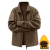 Jaqueta Masculina de Algodão com Forro de Veludo Gola Alta Outono Inverno Roupa Externa Quente Solta Versátil Business Casual Cor Sólida Roupa de Trabalho Roupas de Algodão