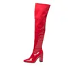 Botas Longas de Couro Patente com Salto Alto Bloco para Pole Dance Feminino, Bico Fino, Zíper Lateral, Estilo Balada, Tamanho Grande, Comprimento Acima do Joelho