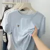 Camiseta de Manga Corta Ligera y Cómoda de Algodón de Bambú Color Azul Blanqueador para Mujer Verano Holgada Perezosa Bordado Simple Top de Cuello Redondo