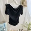 Algodão modal super macio! Gola drapeada de alta qualidade, design de verão que afina a silhueta, camiseta regular de manga curta para mulheres